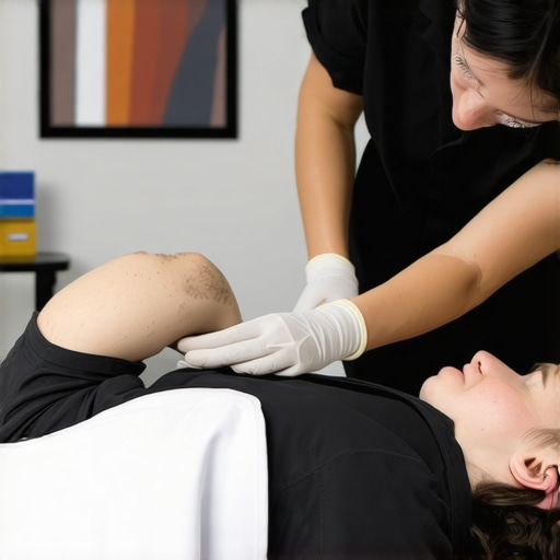 Chiropractor performing spinal adjustment on patient in a clinical setting.