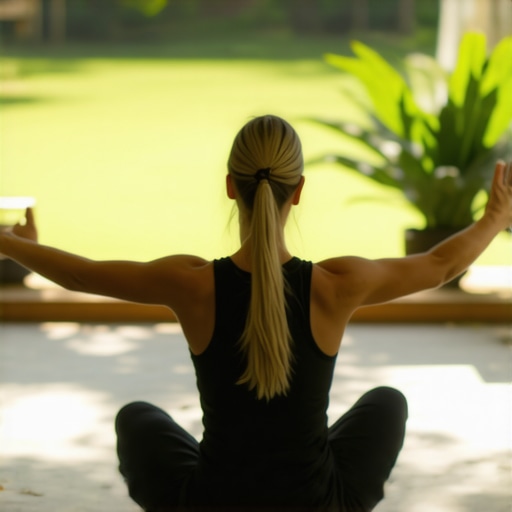 A person doing yoga stretches outdoors, focusing on spinal mobility and relaxation