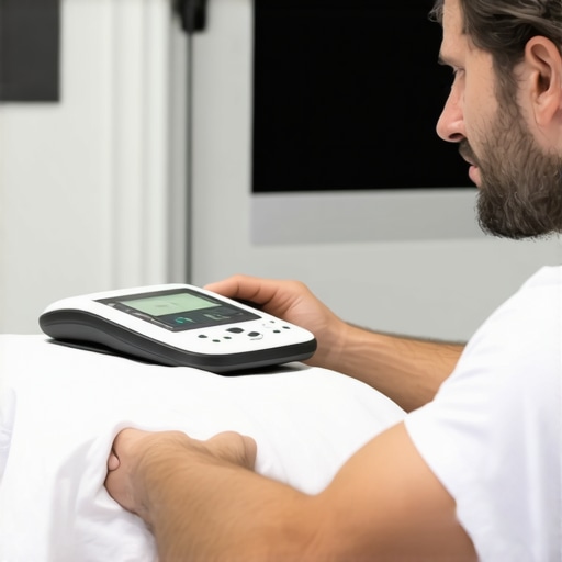 Chiropractor demonstrating biofeedback technology to patient in a contemporary clinic setting
