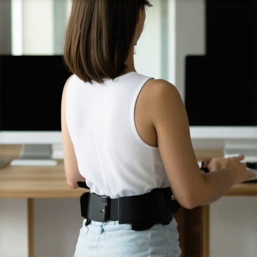 Individual practicing posture awareness with wearable tech at a desk.