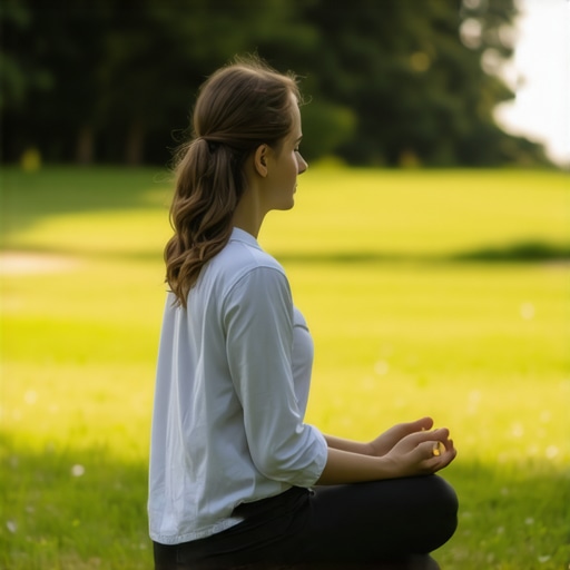 A person meditating peacefully in a natural setting, promoting spinal health.