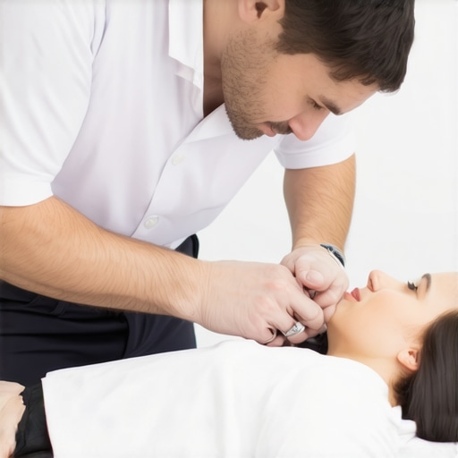 Chiropractor performing spinal adjustment on patient in clinic
