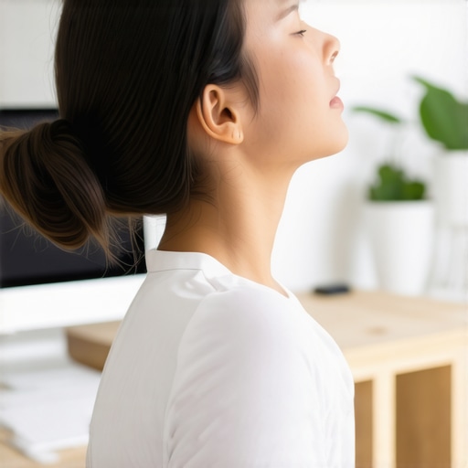 Person performing neck tilt stretches and posture adjustments at a desk