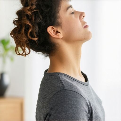 Gentle neck stretch for mobility Person doing neck stretch exercise at home to improve mobility