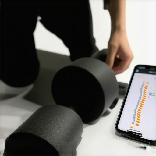 Person sitting ergonomically, using foam roller and mobile app for spinal health