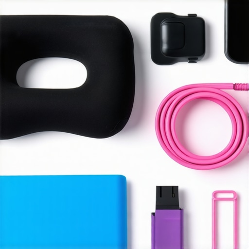 A modern ergonomic workspace setup including a standing desk, cervical pillow, resistance bands, and posture monitor