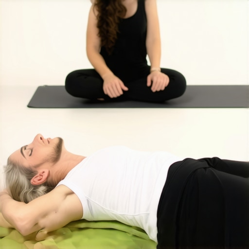 Person practicing pelvic tilt exercises on yoga mat with trainer guidance.