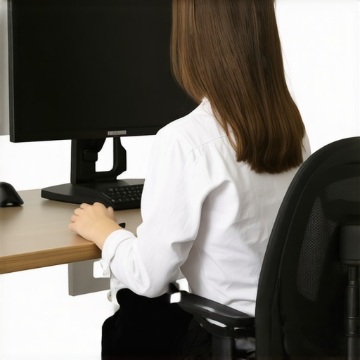 A workspace with ergonomic chair, desk, and monitor positioned for good posture.