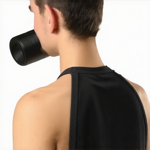 Person performing self-massage with foam roller on neck and shoulders to improve mobility and relieve tension.