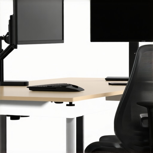 Ideal ergonomic workspace setup for neck health. Modern ergonomic workspace featuring adjustable monitor and posture sensor.