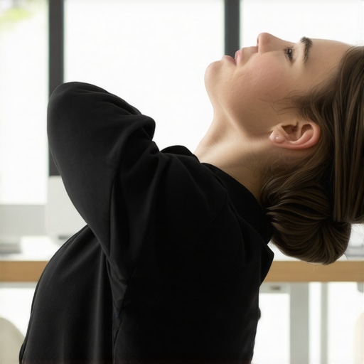 Person doing neck stretches at desk to improve mobility.