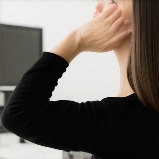 Person doing slow neck circles at desk to improve neck mobility