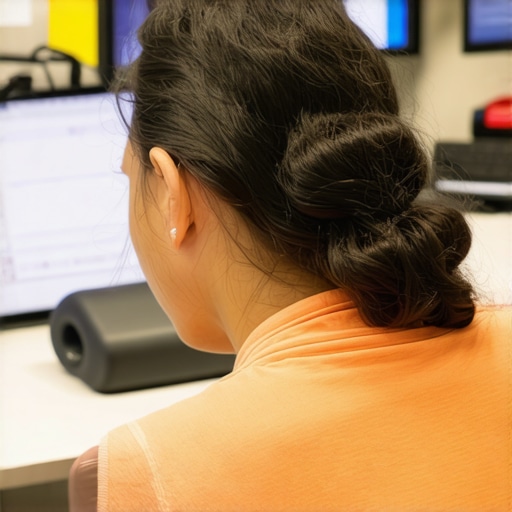 Self-care tools for long-term spine health Individual performing foam rolling and posture correction exercises with ergonomic tools at work desk.