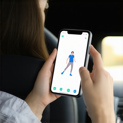 Person adjusting lumbar cushion and using a mobility app during a drive.