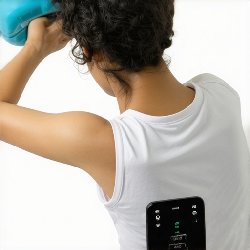 Person performing foam rolling with a posture monitor for spinal health