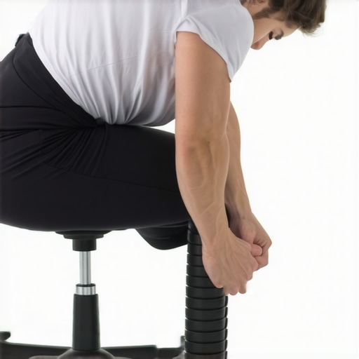 Individual using foam roller and percussion massager to maintain spinal health in an ergonomic setting.