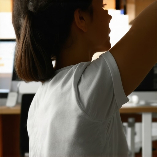 Person stretching neck muscles while seated at a desk, illustrating mobility drills for neck pain