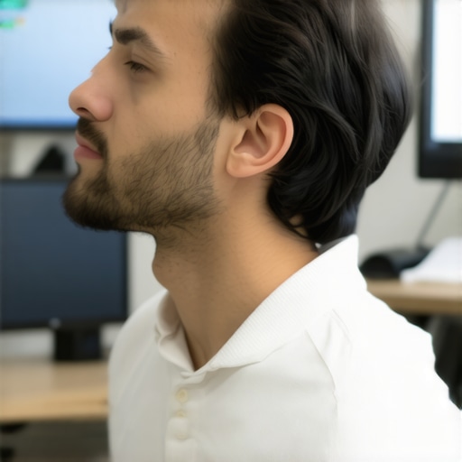Person doing neck stretches at a desk in an ergonomic office environment