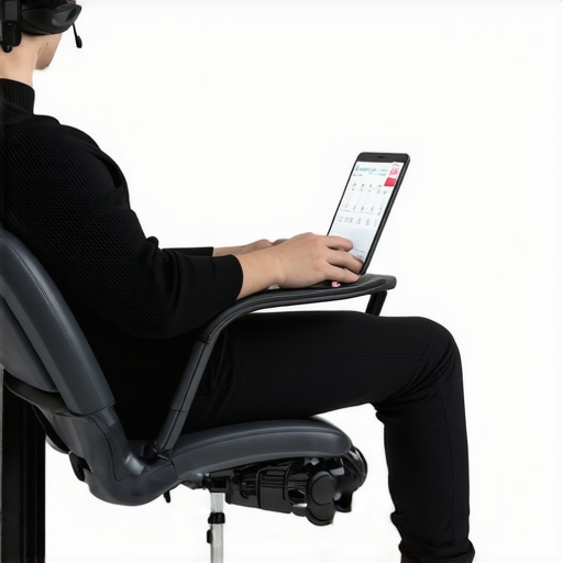Person using ergonomic chair and biofeedback wearable to maintain back and neck health at home.
