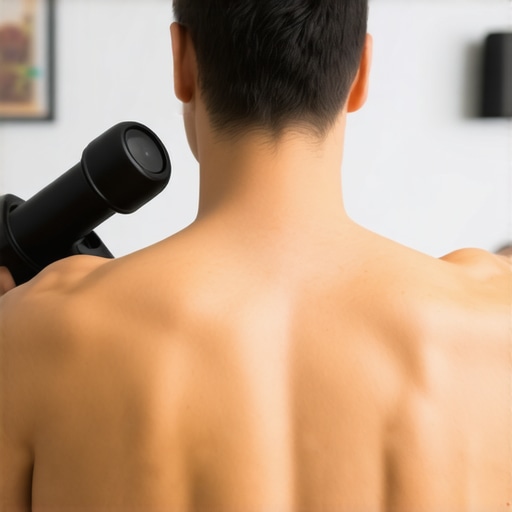 Person relaxing after using a massage gun on their back