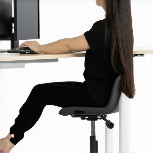 Person stretching at adjustable Flux-Seat desk in a well-lit modern office