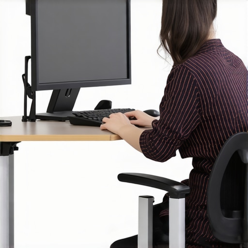 Person adjusting monitor and chair for ergonomic support at a small desk.