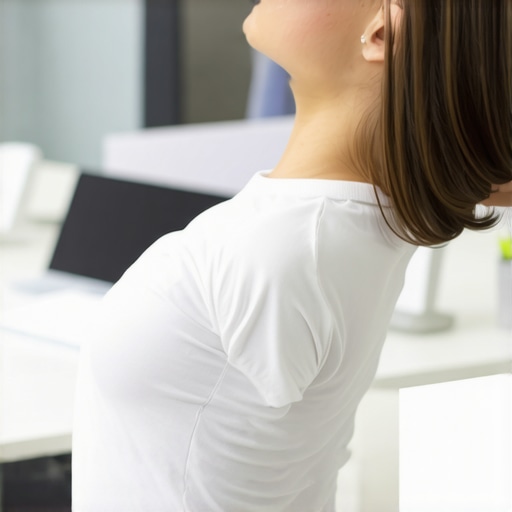 Person using foam roller to perform neck stretch at desk