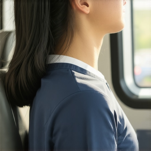 Person doing neck and back stretches while sitting on a train