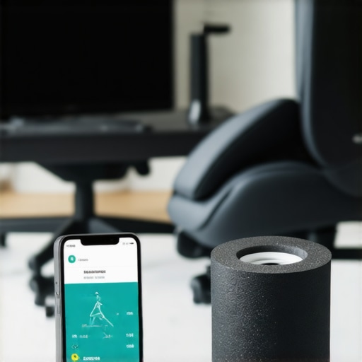 Ergonomic chair, foam roller, and health tech supporting spinal health in a home workspace