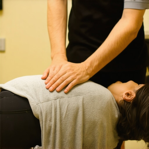 Chiropractor performing spinal correction on patient in clinic.