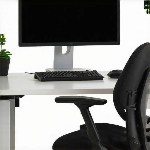 Workspace with monitor at eye level, ergonomic chair, and relaxed shoulder posture.