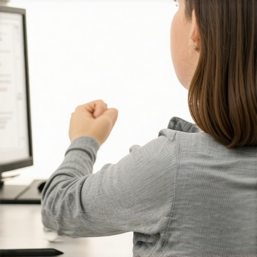 Person stretching neck muscles while sitting at a desk to improve posture