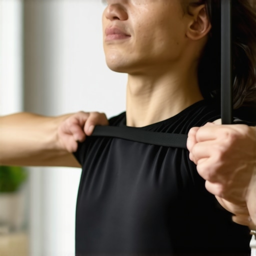 Person using resistance bands for neck strengthening exercises at home.