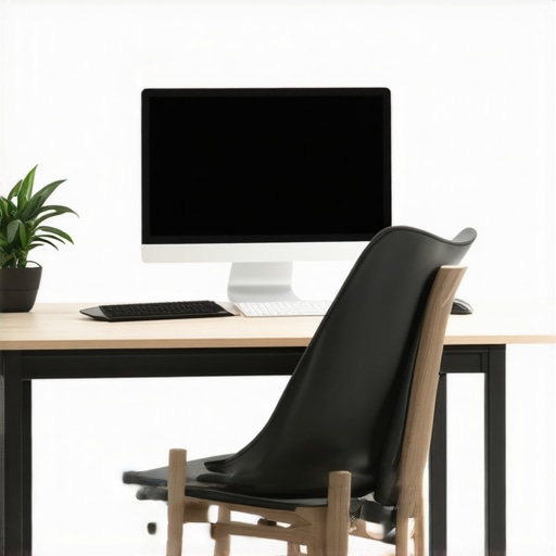 Optimized Ergonomic Workstation for Spinal Health A person working at an ergonomic desk with adjustable monitor and supportive chair promoting back and neck health