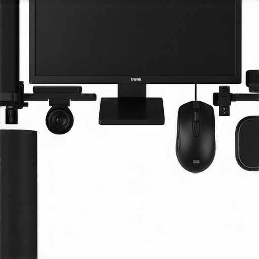 Ergonomic workspace featuring adjustable monitor stand, ergonomic mouse, foam roller, and posture device.