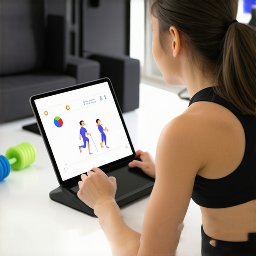 Posture Tools for Long-Term Back Health An individual in a home office using a posture trainer, with foam rollers and a tablet displaying exercises