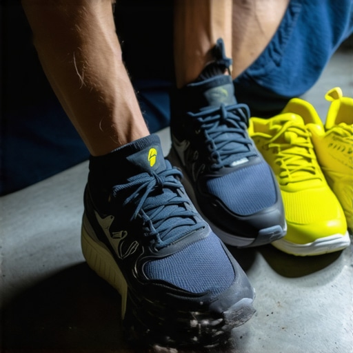 Proper supportive footwear choice for back health Person examining a pair of supportive athletic shoes for proper arch support and cushioning.