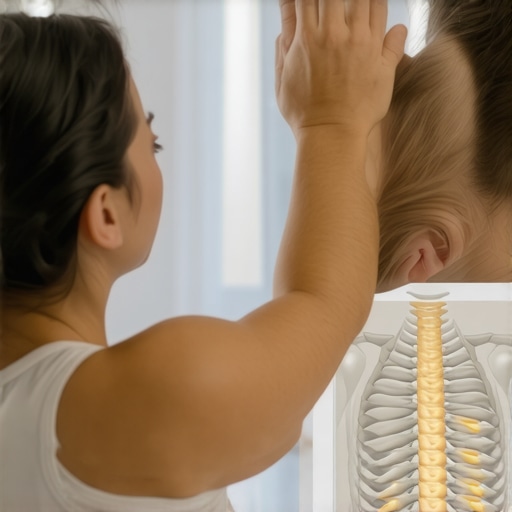 Individual gently pressing below shoulder blades to release rib tension during mobility exercise