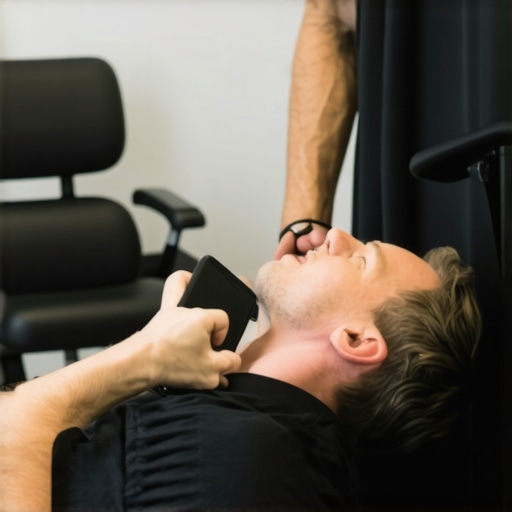 Ergonomic chair and foam roller beside digital devices and chiropractor during treatment