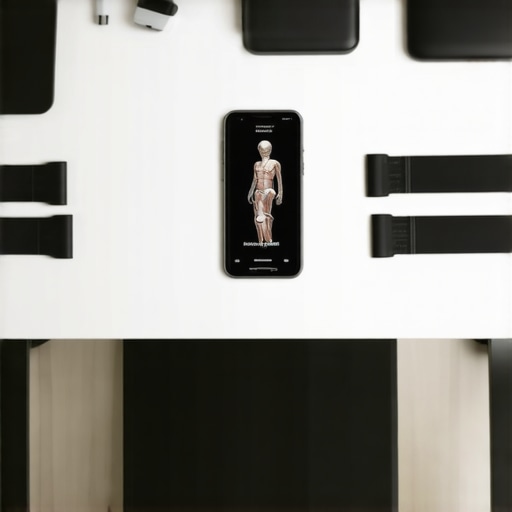 Ergonomic workspace featuring posture correction devices, resistance bands, and a smartphone app for back and neck health