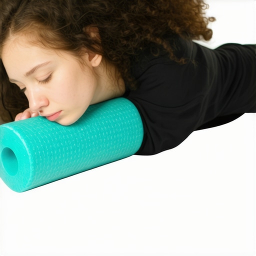 Tools for Spinal Maintenance An individual demonstrating the use of foam roller and lumbar support pillow to maintain spinal health.