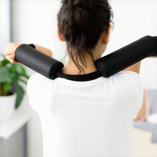 Person using a cervical traction collar to support neck mobility at home