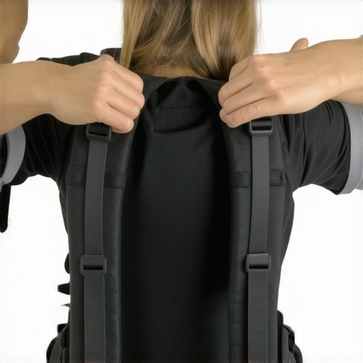 Person tightening backpack straps to ensure a comfortable and supportive fit.