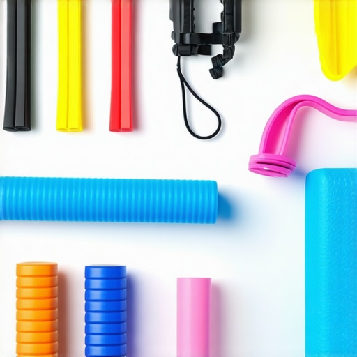 Back care tools setup A neatly arranged chiropractic home therapy station with foam rollers, resistance bands, and posture devices.