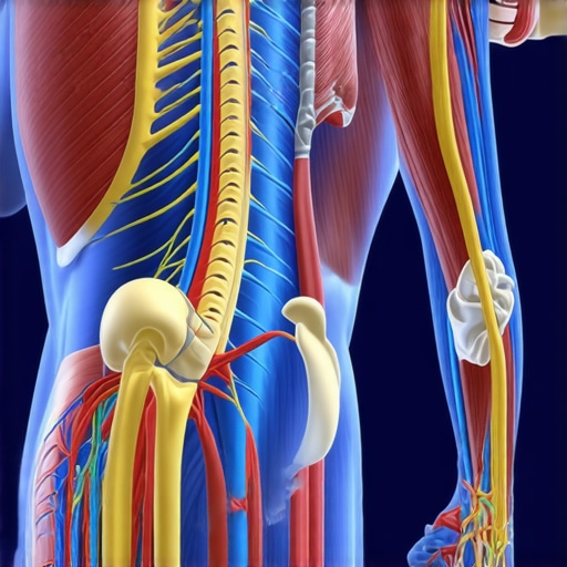 Complexity of Back and Neck Pain Mechanics Detailed illustration of back and neck anatomy showing muscles, nerves, and joints in relation to pain and mobility
