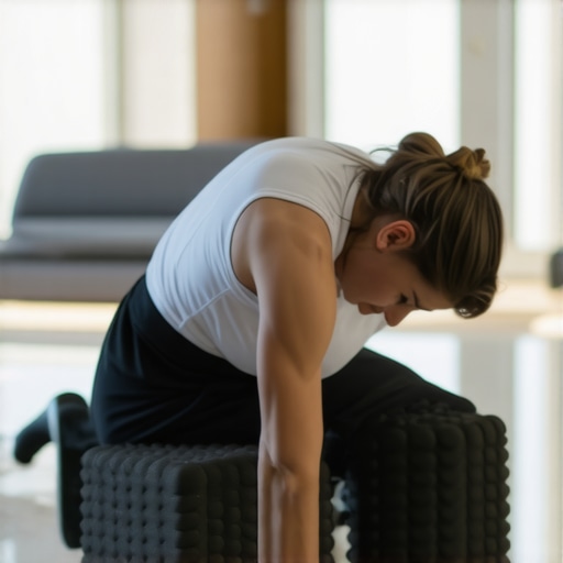 Effective Foam Rolling Technique for Spinal Health Person foam rolling their upper back with a dense foam roller in a bright home gym.