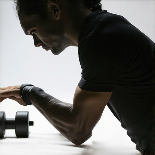 Foam roller, resistance bands, and a person stretching neck in a home gym setup