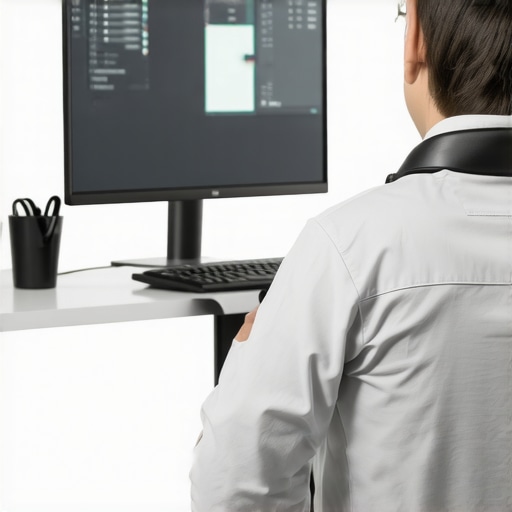 Person wearing a posture sensor device at a desk