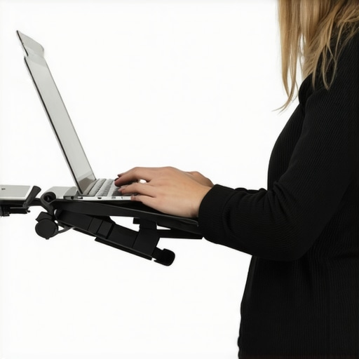 Ergonomic Laptop Setup for Good Posture Person sitting at an ergonomic desk with laptop at eye level, demonstrating proper posture