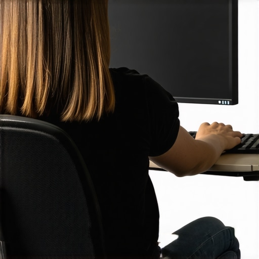 Person adjusting monitor height and sitting posture to improve neck health